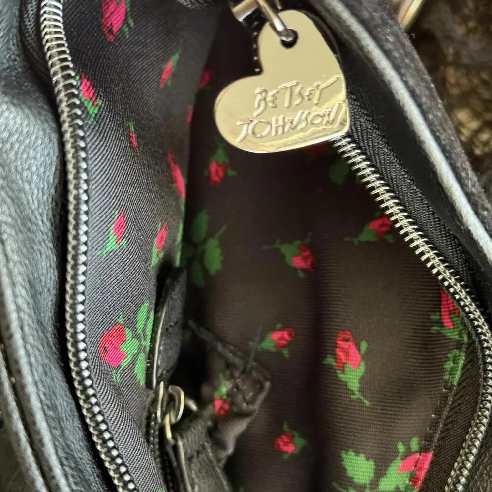 Vintage Betsey Johnson Black Tote Bag with Pink Rhinestone Lips Design RARE